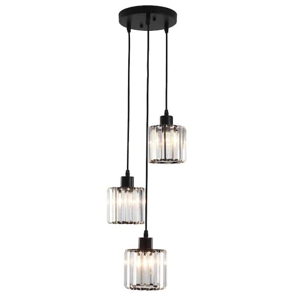 3 Light Black Round Crystal Chandelier for Kitchen Island Dining Room Bedroom with No Bulbs Included