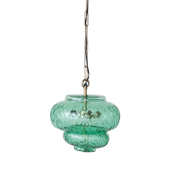 7-Watt 2 Lights Green Pendant Light with Cut Glass Shade