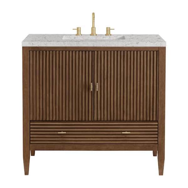 James Martin Vanities Myrrin 36.0 in. W x 23.5 in. D x 34.06 in. H Single Bath Vanity Mid-Century Walnut and Eternal Jasmine Pearl Quartz Top