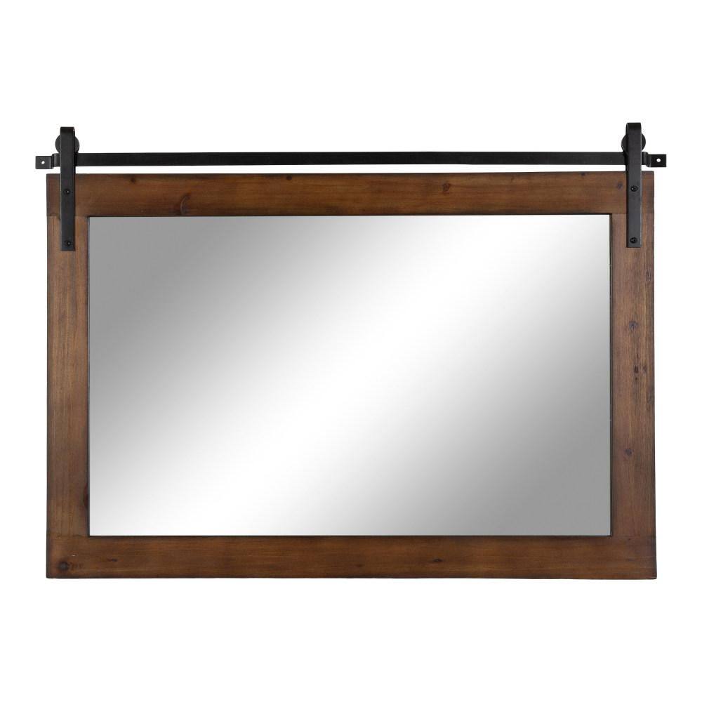Walnut Brown Farmhouse Barn Door Wall Mirror with Metal Brackets
