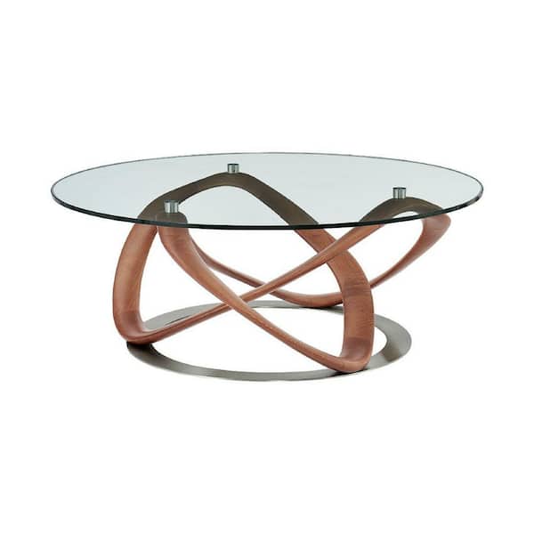 Benjara Cid 39.4 in. Walnut and Silver Round Glass Top Coffee Table with Steel Base