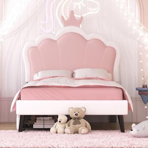 White and Pink Wood Frame Twin Size Princess Platform Bed with Crown Headboard and 2 Drawers