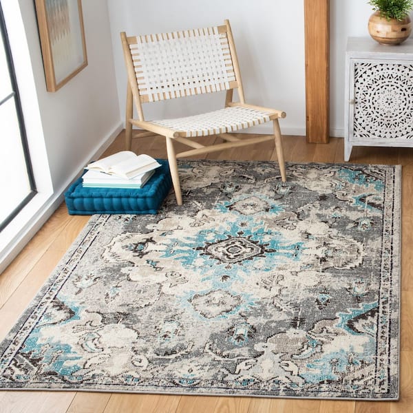 Madison Grey/Light Blue 9 ft. x 12 ft. Border Floral Oriental Area Rug