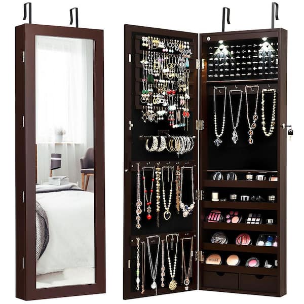 Costway Wall Door Mounted Mirror Jewelry Box Cabinet Lockable Armoire  Organizer with LED Light HW59439 - The Home Depot