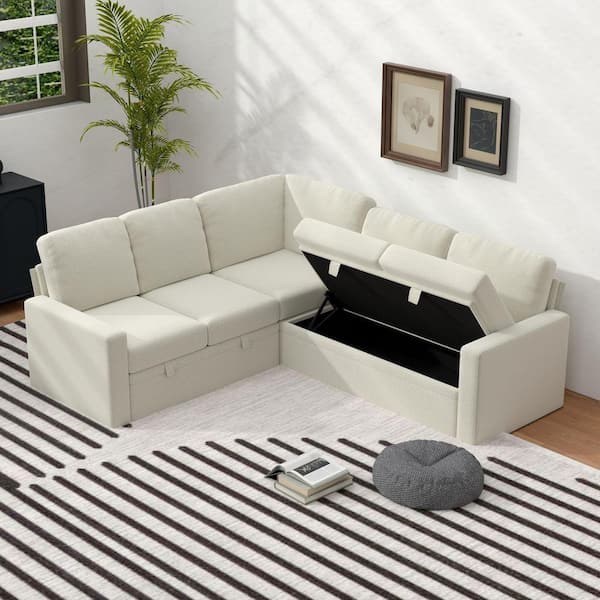 80 in. 5-Seat Chenille L-Shaped Sectional Sofa Sleeper with Pull-Out Sofa Bed & Hide Storage in. Beige