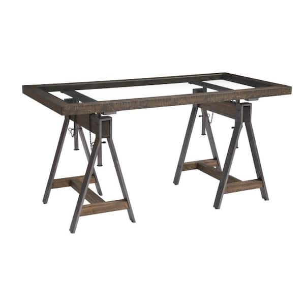 Benjara 60 in. Rectangle Brown and Gray Wood Writing Desk with Glass Top