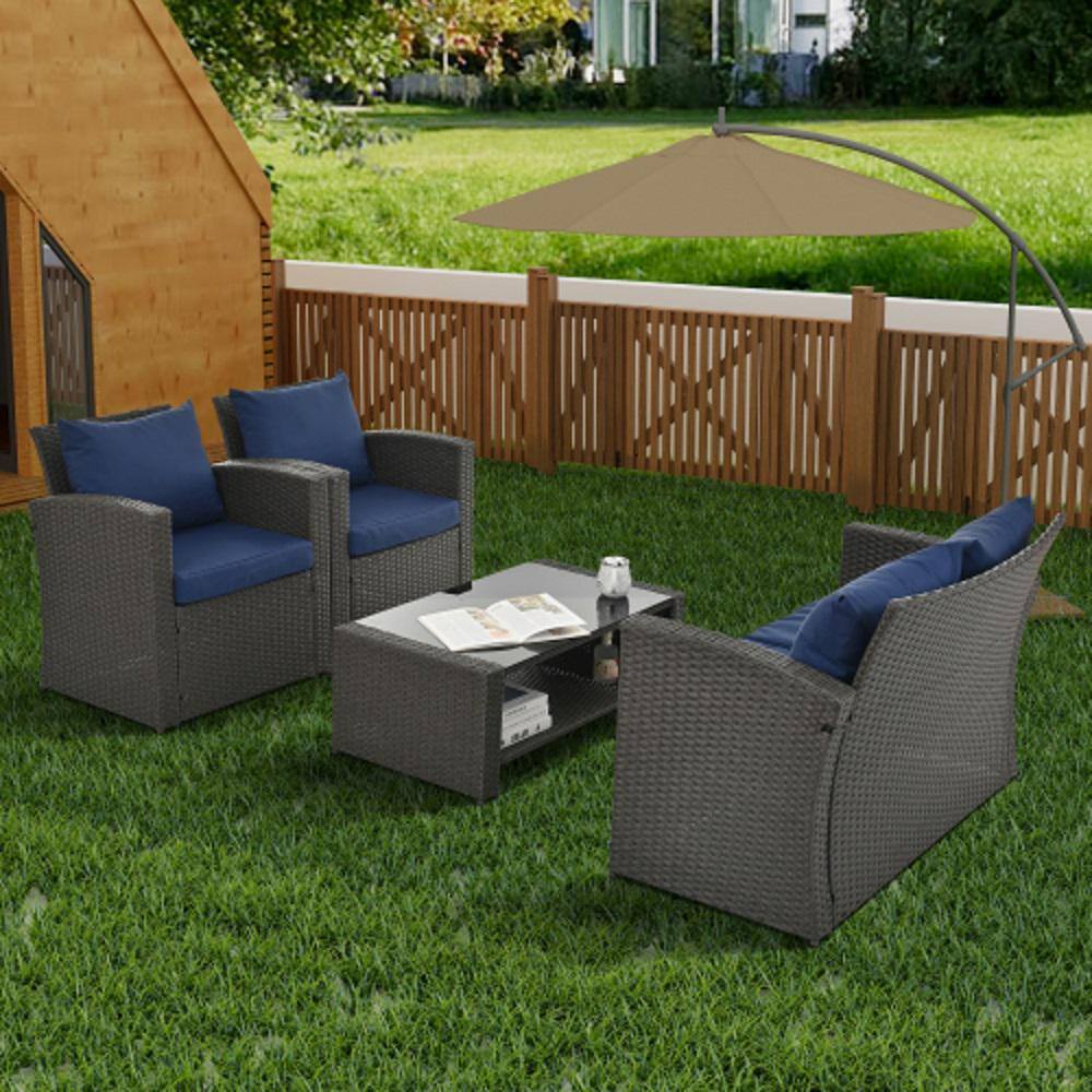 Dark Gray 4-Piece Wicker Patio Conversation Set with Blue Cushions