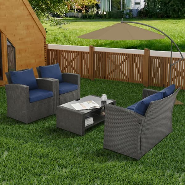 Unbranded Dark Gray 4-Piece Wicker Patio Conversation Set with Blue Cushions