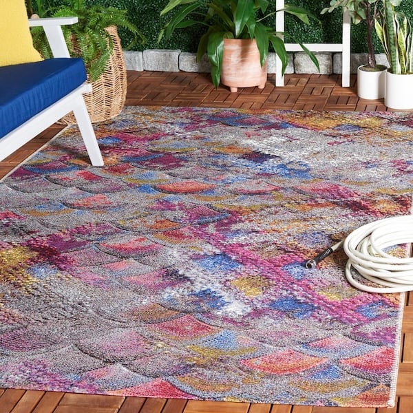 Barbados Gray Purple/Blue Gold 7 ft. x 7 ft. Abstract Scales Square Indoor/Outdoor Area Rug
