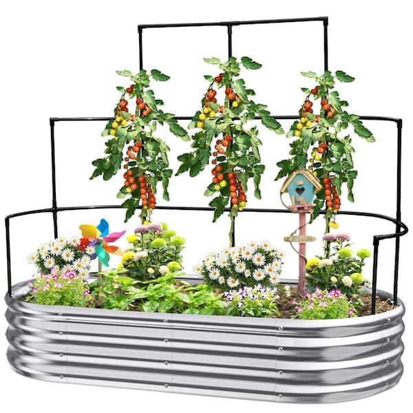 Quictent 70.8 in. x 35.4 in. x 11.8 in. Wall Trellis Silver Metal Oval Raised Green Beds, Galvanized Planter Garden Box