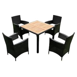 5 Piece Patio Wicker Outdoor Dining Set with Acacia Wood Top Creme Cushion