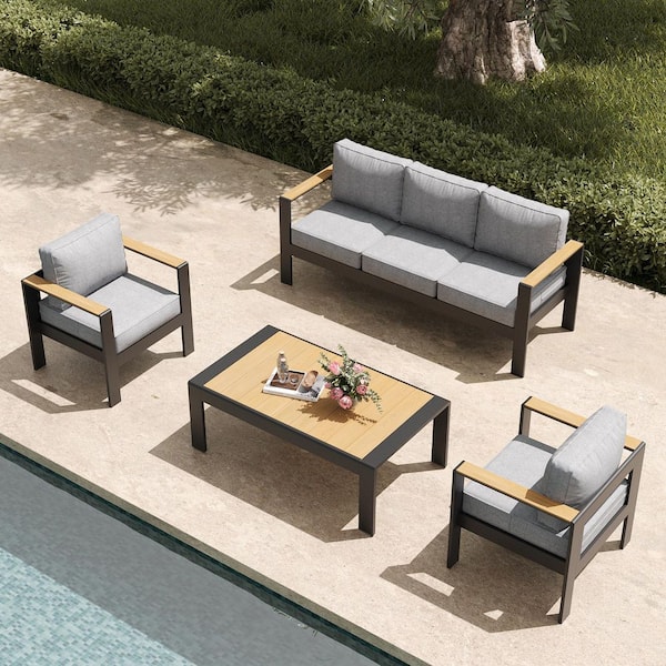 LayinSun 4-Piece Aluminum Outdoor Wood-Plastic Armrest Conversation Set with Coffee Table and Light Gray Cushion
