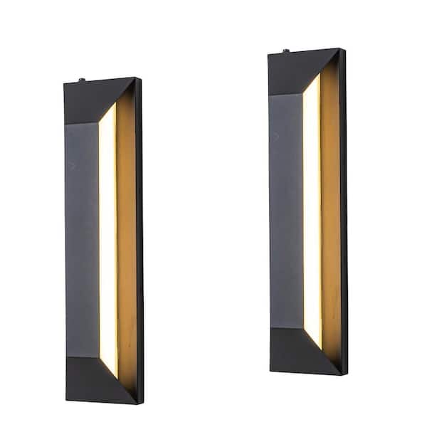 H22 in. Dusk to Dawn Outdoor Black Wall Light 24W Integrated LED Wall Sconce with Trapezoid Design Acrylic Shade (2Pack)