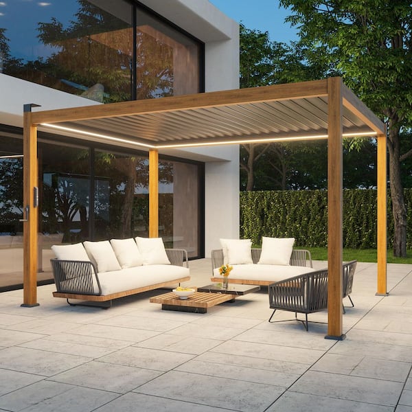 Nordica Series 10 ft. x 13 ft. Aluminum Louvered Pergola with Solar-Powered LED Lights, Wood Grain