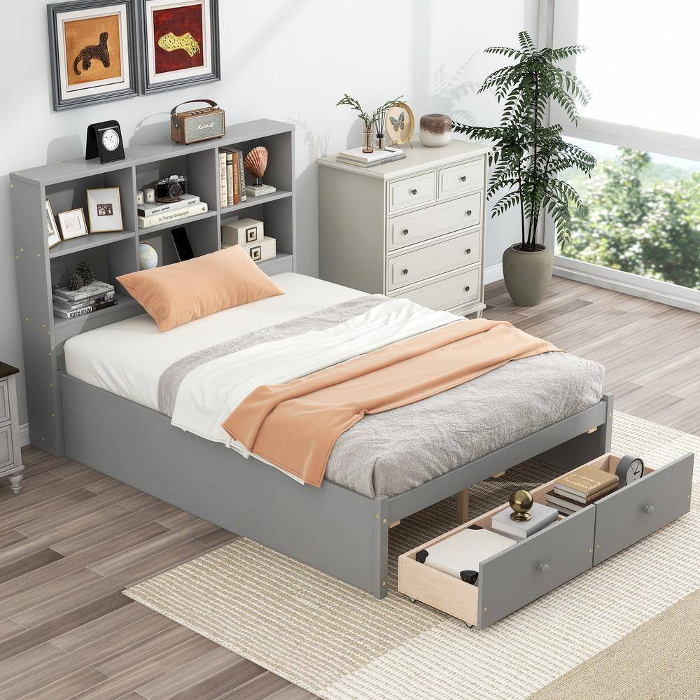 Harper & Bright Designs Gray Wood Frame Full Size Platform Bed with 2 ...