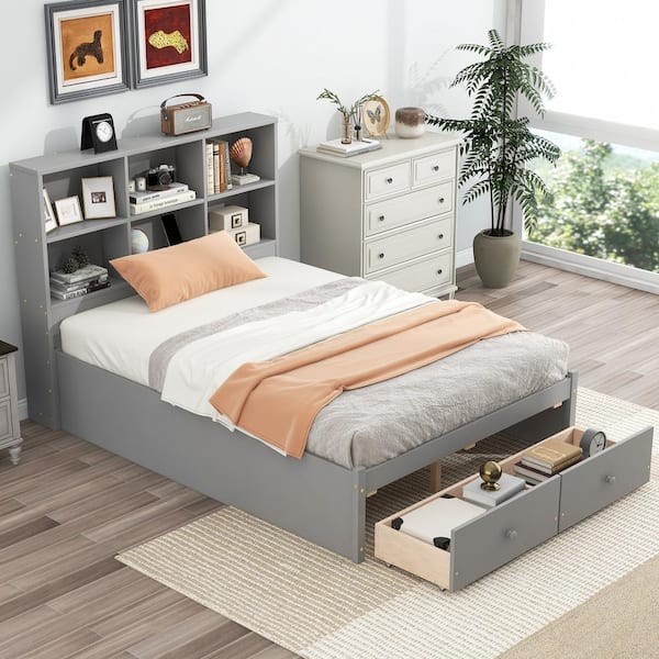 Harper & Bright Designs Gray Wood Frame Full Size Platform Bed with 2-Drawer, Headboard including Built-in Shelves, USB Charging Station