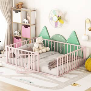 Pink Metal Frame Full Size Floor Platform Bed with Full-Length Fence Guardrails and Door