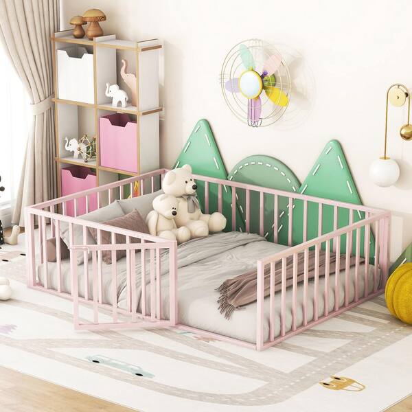 Harper & Bright Designs Pink Metal Frame Full Size Floor Platform Bed with Full-Length Fence Guardrails and Door