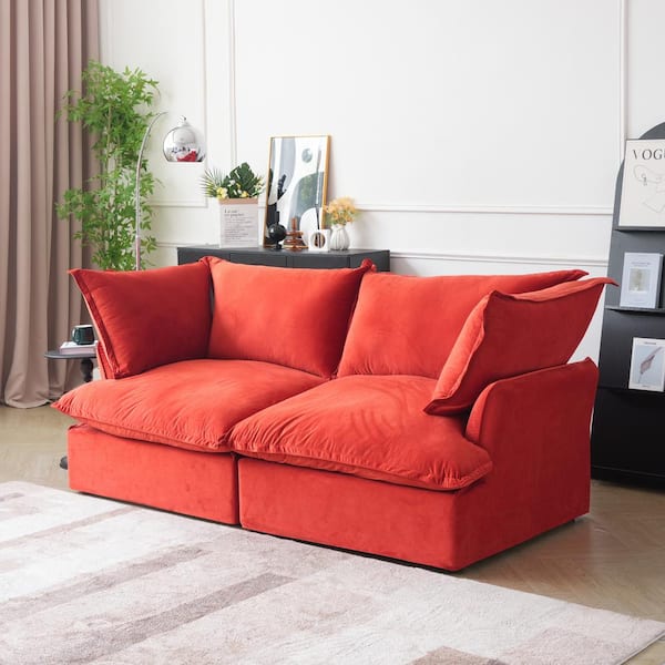 82.6 in. Modern Rounded Arm 2-Piece Velvet Loveseat Reversible Sectional Sofa in Red w/Pillows (2-Seats)