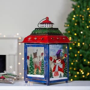 15 in. Red Green and Blue Snowman Christmas Candle Lantern