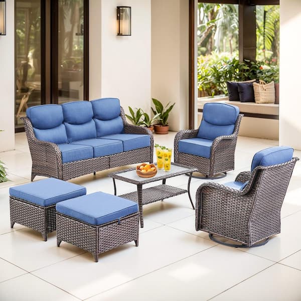 New Vorath Brown 6-Piece Wicker Outdoor Patio Conversation Seating Set with Blue Cushions