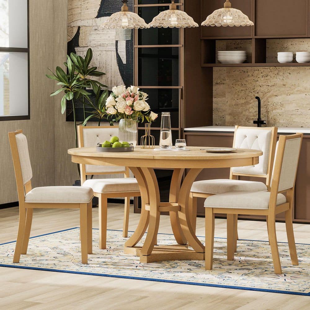 Quorin Modern 5-Piece Natural Finish Solid Wood Round Dining Table Set with Beige Tufted Back Upholstered Chairs price history on PriceWatchPro
