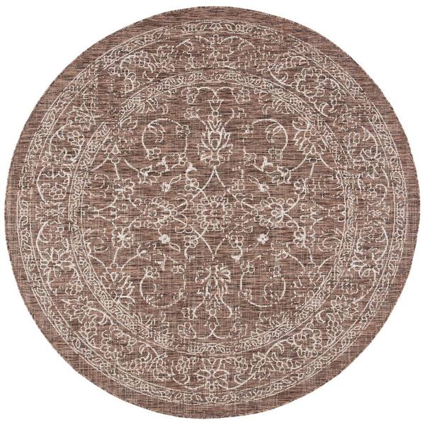 SAFAVIEH Courtyard Brown/Ivory 7 ft. x 7 ft. Indoor/Outdoor Round Area Rug