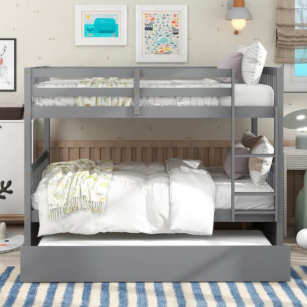 Gray Full Wood Bunk Bed with Ladder and Safety Rails, Convertible to Separate 2-Beds