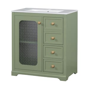 30 in. W Single Sink Freestanding Bath Vanity in Green with White Ceramic Top, shelves, Drawers/Soft Close Glass Door