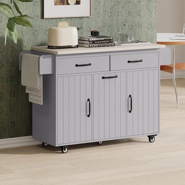 Gray Wood 51.06 in. Kitchen Island with Trash Can Storage Cabinet, Drop Leaf, Spice Rack, Towel Rack and Drawer