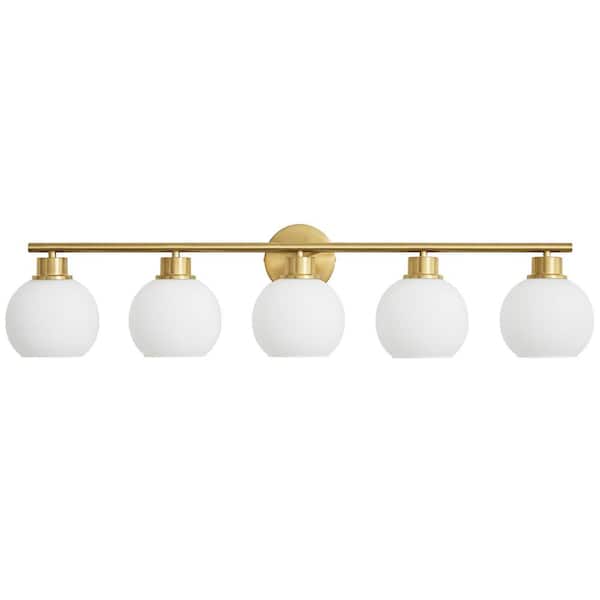 Deyidn Modern 38.98 in. 5-Light Gold Bathroom Vanity Light Interior Powder Room LED Lighting with Opal Glass Globe Shades