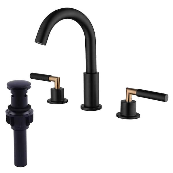 8 in. Widespread Double Handle Bathroom Faucet 3-Hole 304 Stainless Steel Sink Faucet with Pop-Up Drain in Matte Black