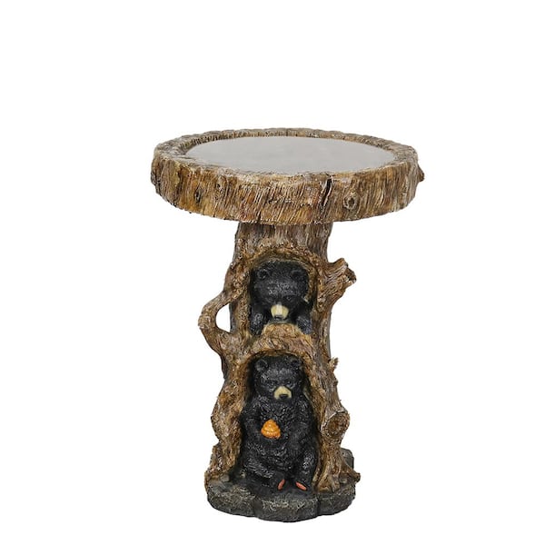 Watnature 23.6 in. Resin Birdbaths for Patio, Woodland Tree Trunk Decorative Black Bears Outdoor Bird Bath for Garden, Yard, Lawn