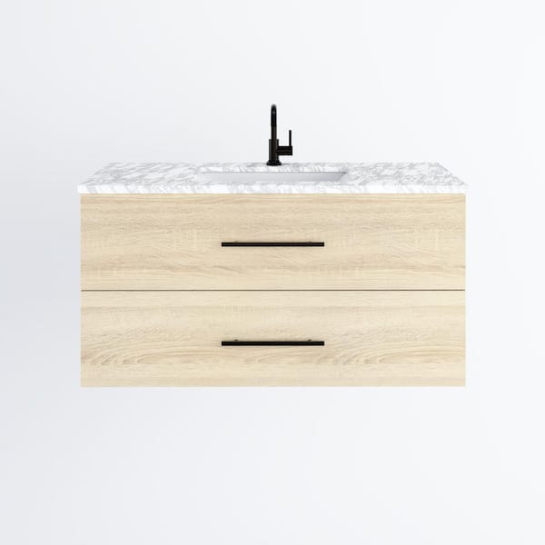 VOLPA USA AMERICAN CRAFTED VANITIES Napa 48 W x 22 D x 21.75 H Single Sink Bathroom Vanity Wall Mounted in White Oak with Carrera Marble Countertop