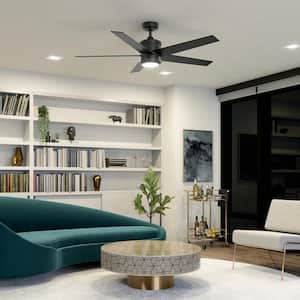 Brahm 56 in. Indoor Satin Black Downrod Mount Ceiling Fan with Integrated LED with Remote Control Included