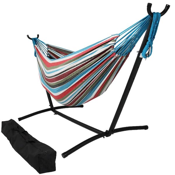 Sunnydaze 10.5 ft. Fabric Cotton Double Brazilian Hammock with Stand Combo in Cool Breeze