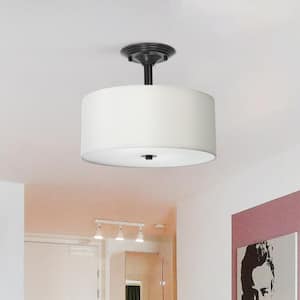 13 in. 2-Light Oil Rubbed Bronze Semi-Flush Mount Light with Fabric Drum Shade