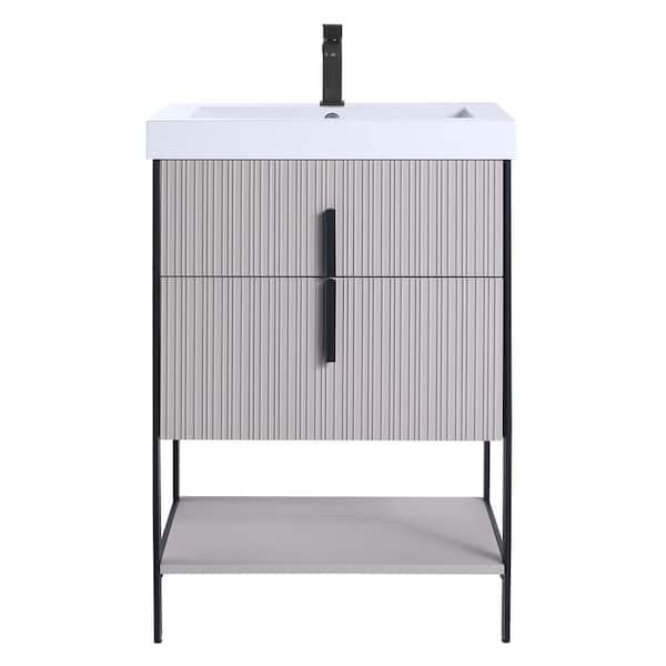 FINE FIXTURES 24 in. W x 18 in. D x 33.5 in. H Bath Vanity in Bright Taupe with Gel Coated Thick Edge top in White With Black Hardware