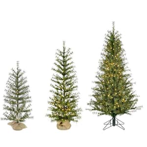 3 ft., 4 ft., and 5 ft. Farmhouse Fir Prelit Artificial Christmas Tree with Warm White LED Lights (Set of 3)