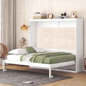 White Wood Frame Queen Size Murphy Bed Cabinet Bed with Safety Lock Mechanism