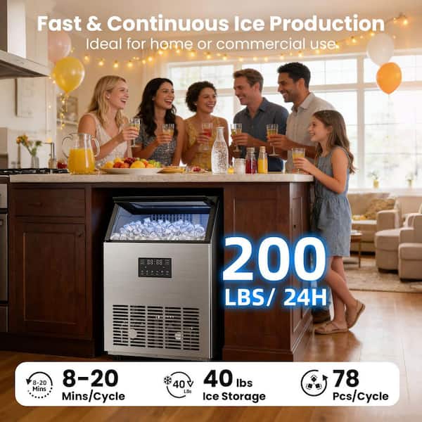 18.9 in. 200 lb./24H Full Size Cubes Freestanding/Built-In Ice Maker in Stainless Steel with Dual Water Supply Options