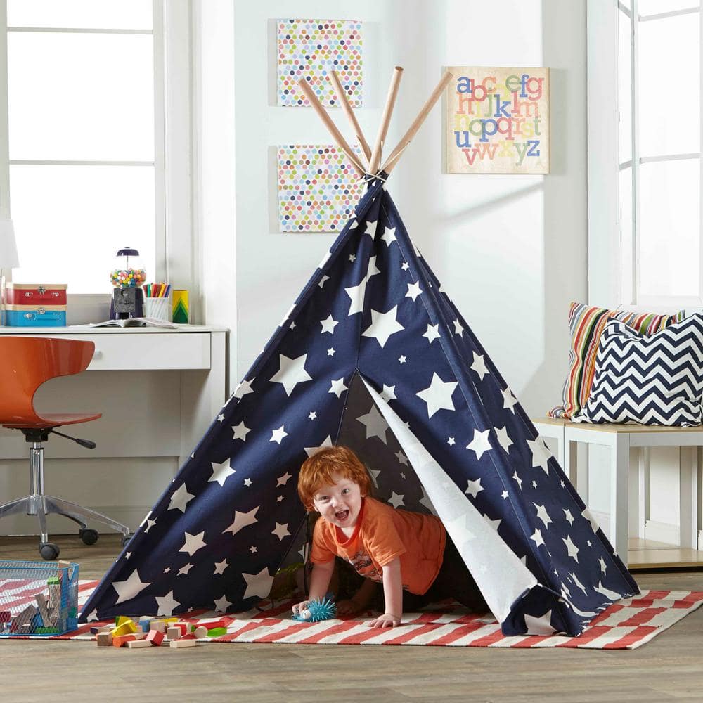 Blue and White Stars Cotton Canvas Children's Teepee Tent