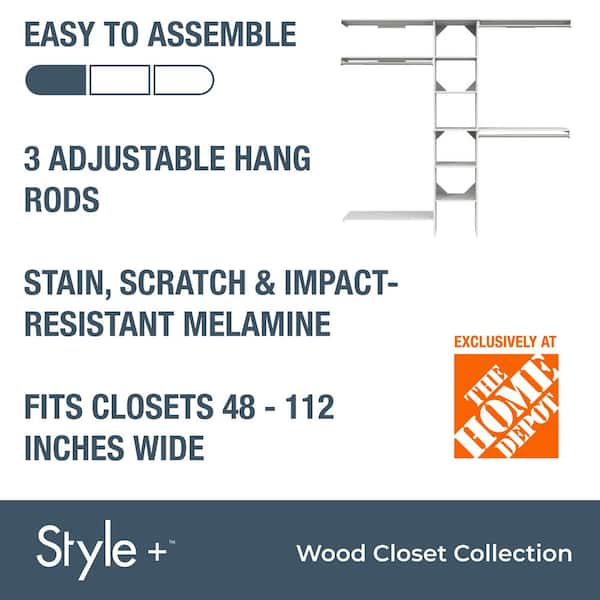 Style+ 64.9 in W - 112.9 in W White Basic Narrow Wood Closet System Kit