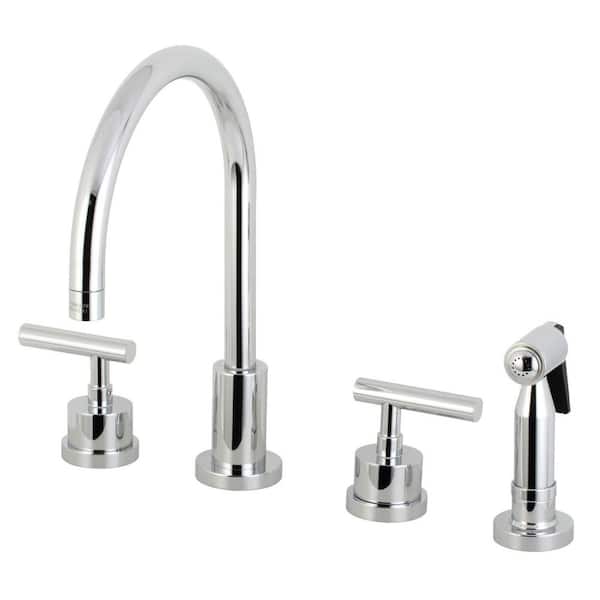 Kingston Brass Manhattan 2-Handle Deck Mount Widespread Kitchen Faucets with Brass Sprayer in Polished Chrome