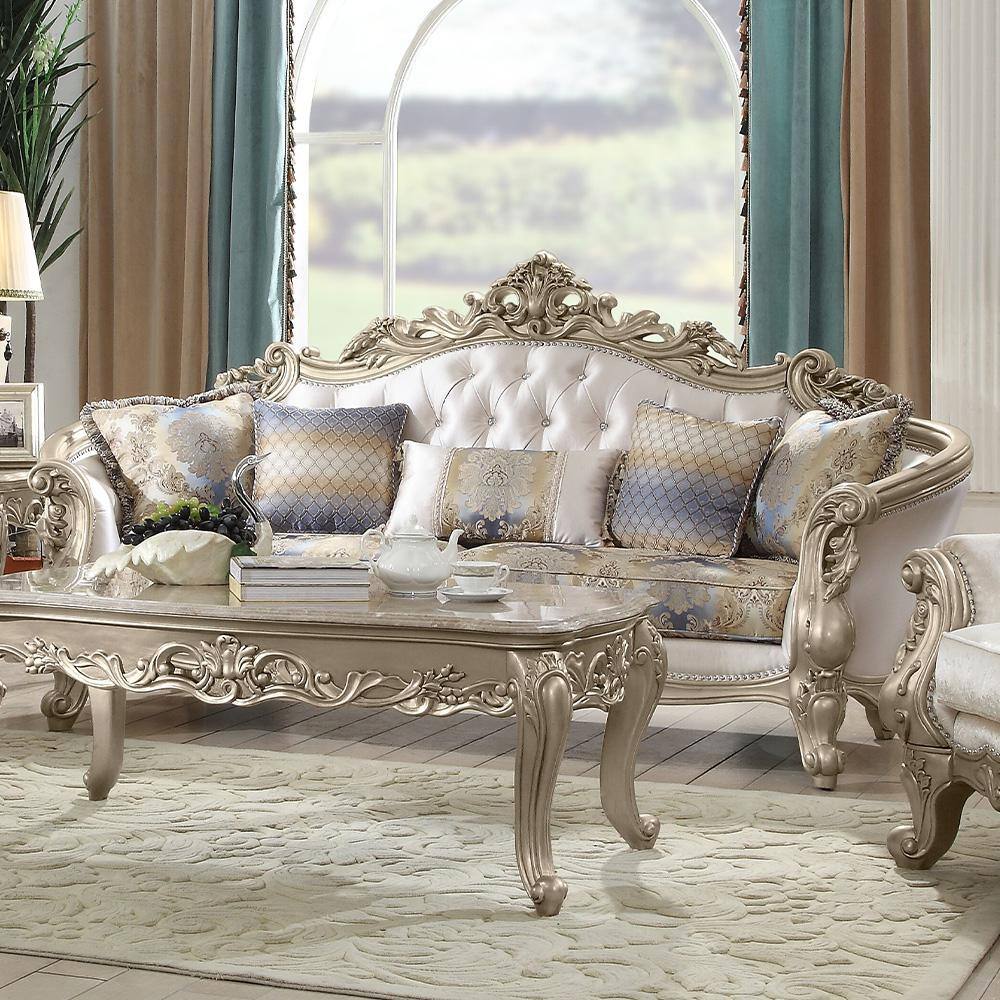 Elegant Antique White Floral Tufted Sofa with Nailhead Trim