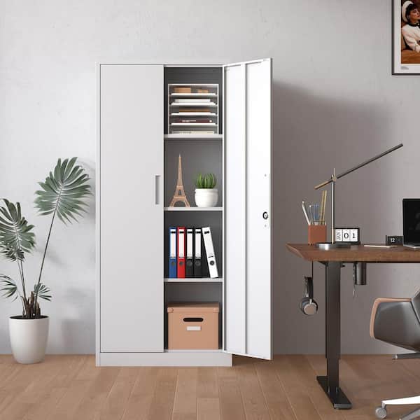 Siavonce 71 in. White Metal Pantry Organizer, Garage Storage Cabinet Door, 3 Adjustable Shelves & Lock, Sturdy Steel Tool Cabinet