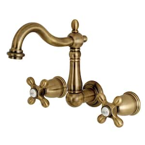 Heritage 2-Handle Wall Mount Bathroom Faucet in Antique Brass