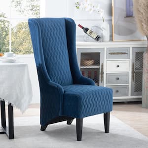 High-Back Blue Velvet Arm Chair with Wingback Design, Birch Wood Legs
