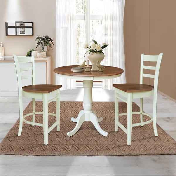 International Concepts Hampton 3-Piece 36 in. Round Hickory/Shell Solid Wood Counter Height Dining Set with Emily Stools Seats-4