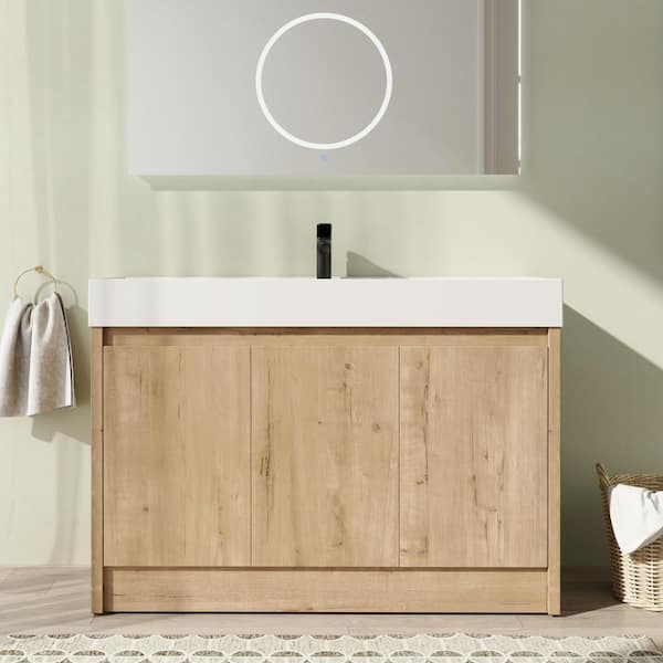48 in. Freestanding Single Oak Bath Vanity with White Resin Top Unassembled